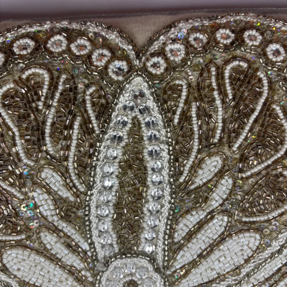Vtg Cynthia Rowley Beaded Butterfly Lumbar Pillow Silver Gold Sequin Linen 12x20